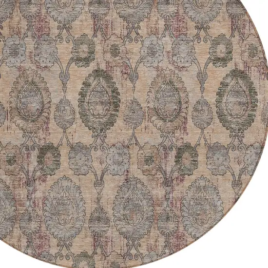 8' Coral Gray And Green Round Damask Washable Indoor Outdoor Area Rug Photo 4
