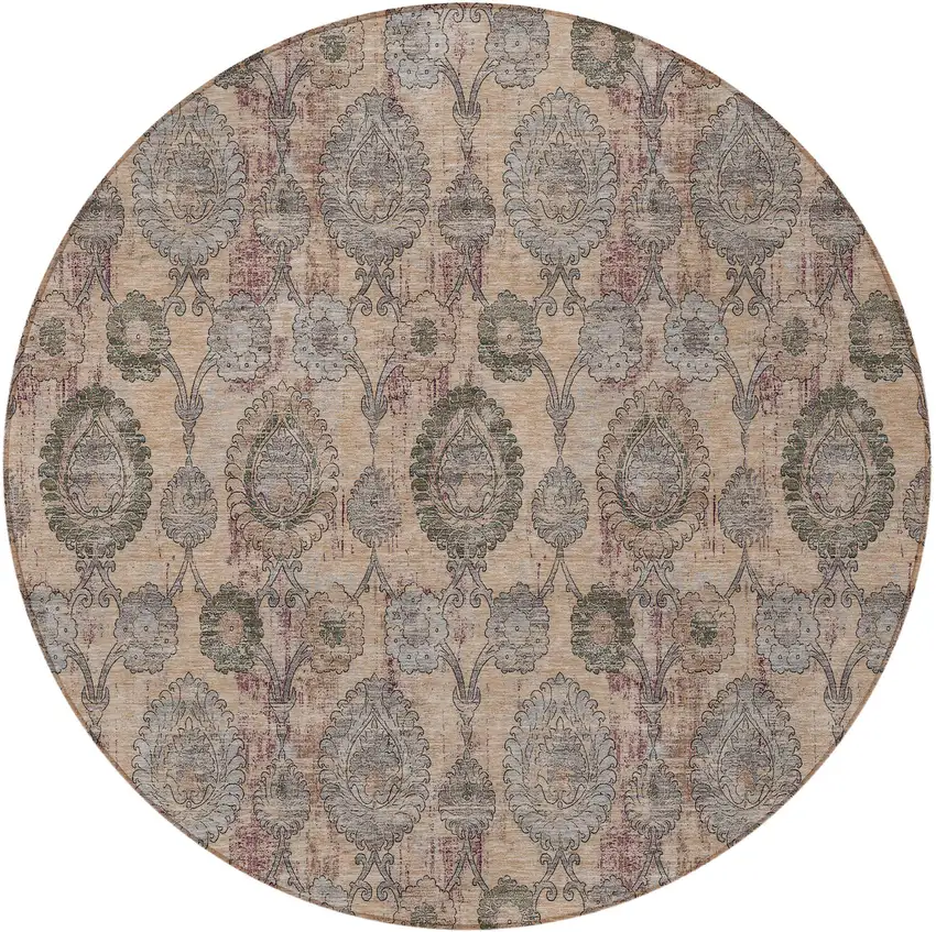 8' Coral Gray And Green Round Damask Washable Indoor Outdoor Area Rug Photo 5