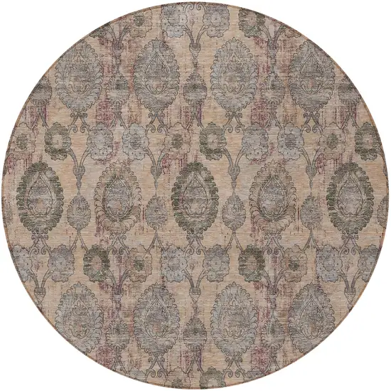 8' Coral Gray And Green Round Damask Washable Indoor Outdoor Area Rug Photo 5