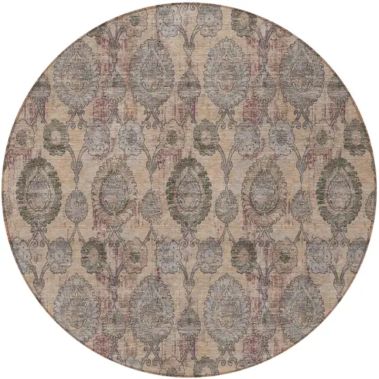8' Coral Gray And Green Round Damask Washable Indoor Outdoor Area Rug Photo 5