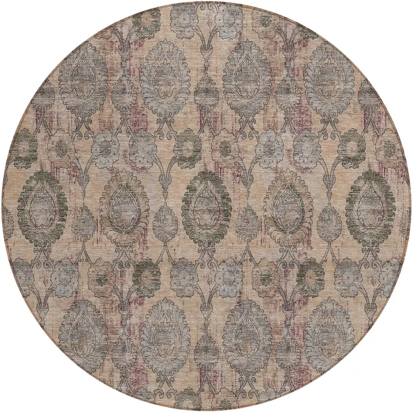 8' Coral Gray And Green Round Damask Washable Indoor Outdoor Area Rug Photo 2