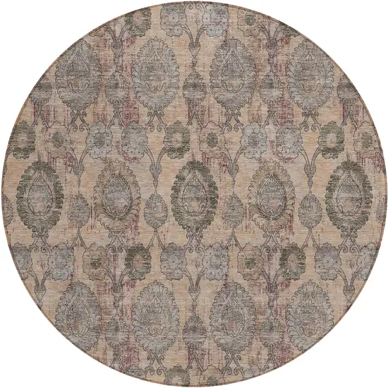 8' Coral Gray And Green Round Damask Washable Indoor Outdoor Area Rug Photo 2