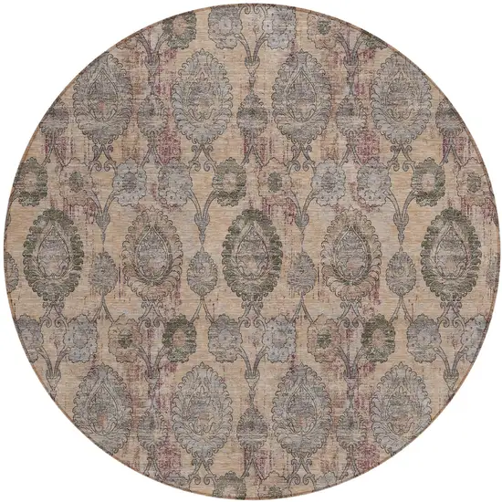 8' Coral Gray And Green Round Damask Washable Indoor Outdoor Area Rug Photo 2