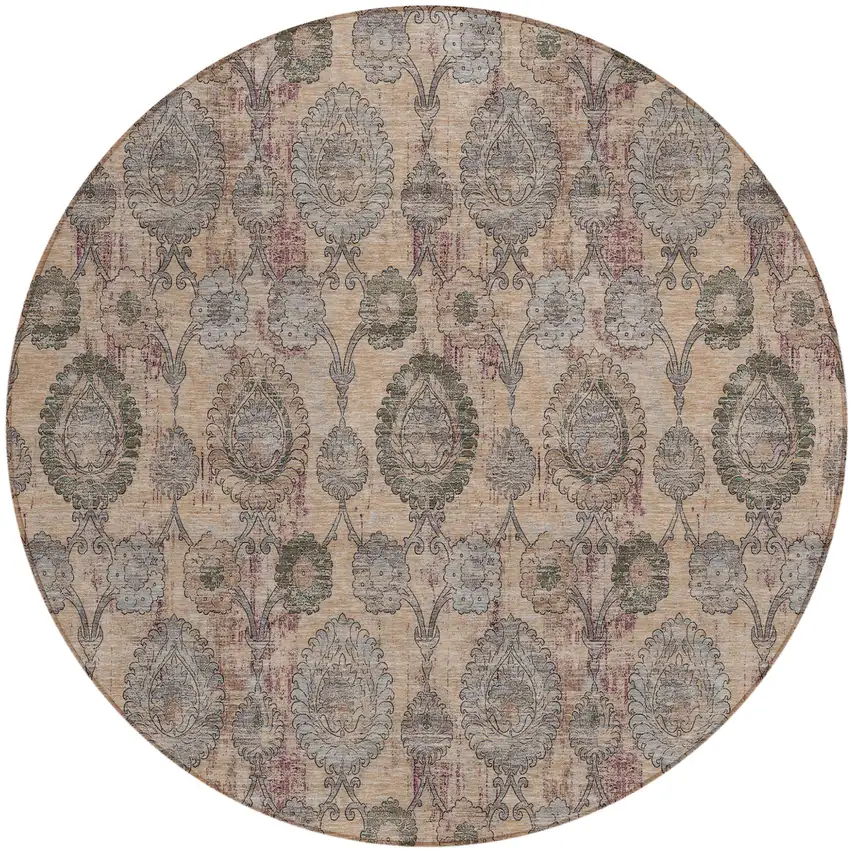 8' Coral Gray And Green Round Damask Washable Indoor Outdoor Area Rug Photo 2
