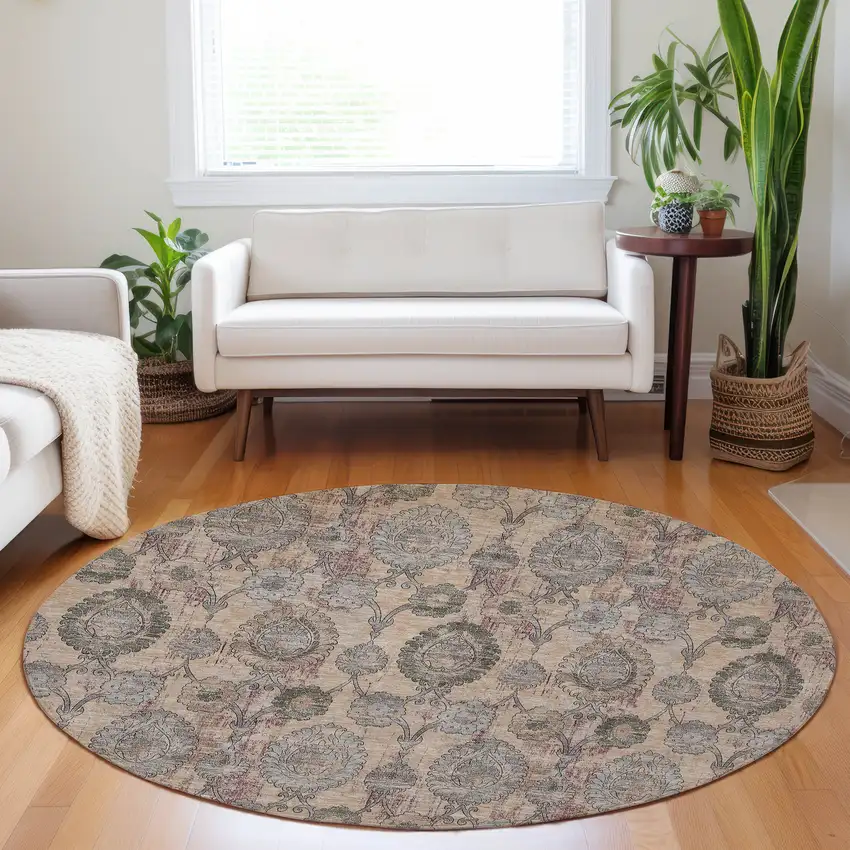 8' Coral Gray And Green Round Damask Washable Indoor Outdoor Area Rug Photo 7