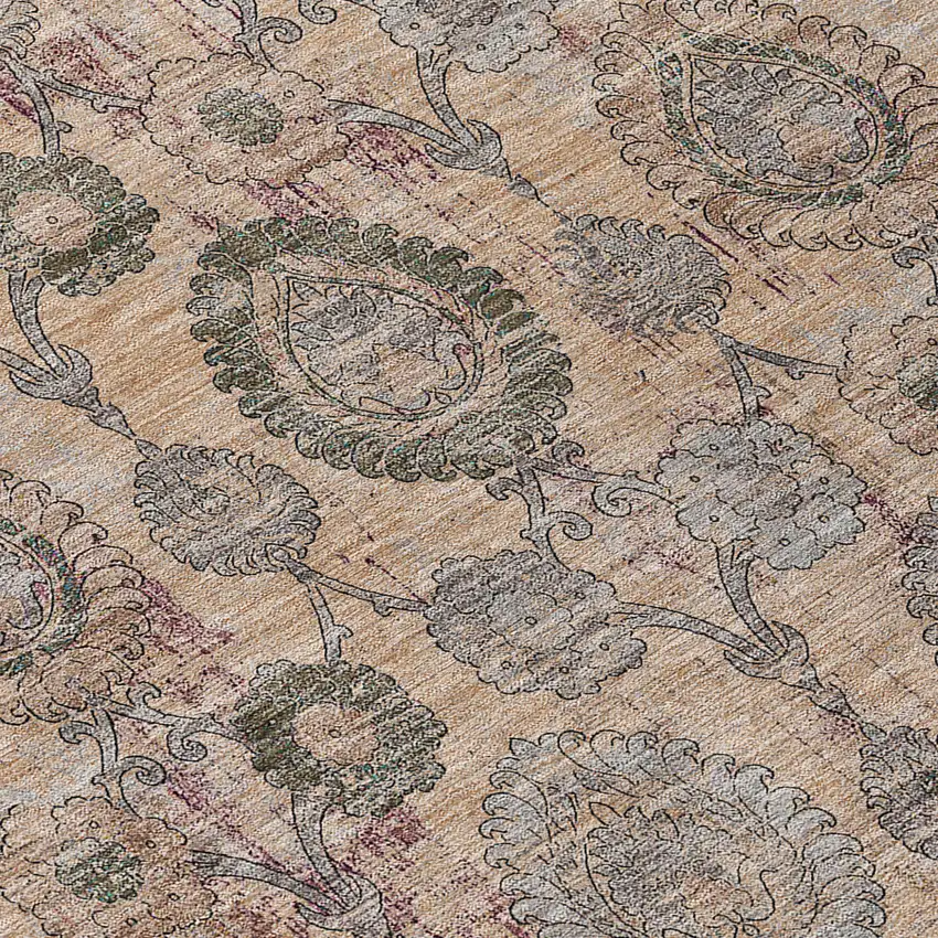 8' Coral Gray And Green Round Damask Washable Indoor Outdoor Area Rug Photo 8