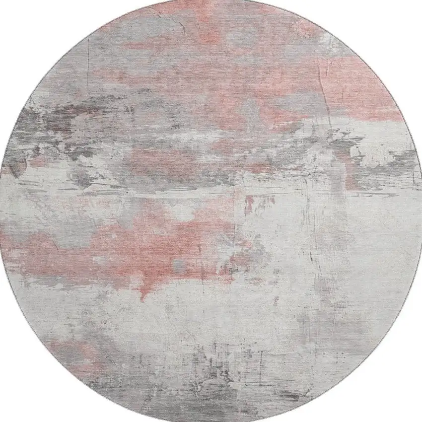 8' Coral Gray And Ivory Abstract Washable Round Rug With UV Protection Photo 3