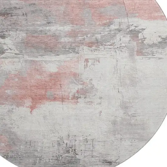 8' Coral Gray And Ivory Abstract Washable Round Rug With UV Protection Photo 2