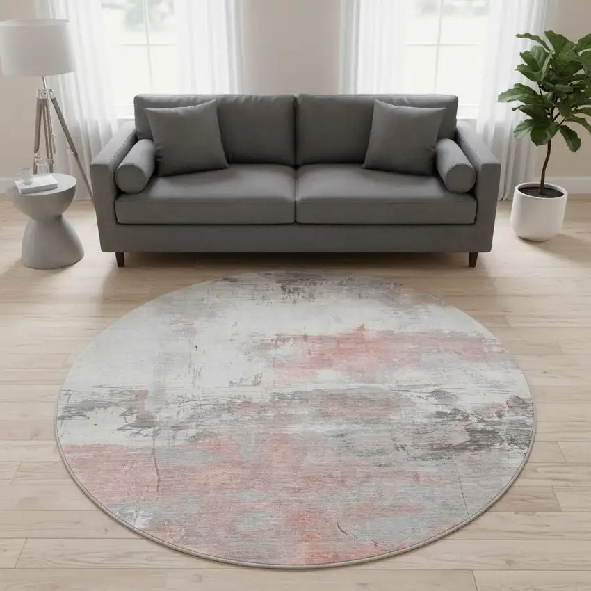 8' Coral Gray And Ivory Abstract Washable Round Rug With UV Protection Photo 2
