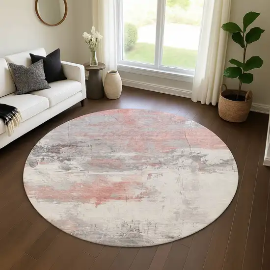 8' Coral Gray And Ivory Abstract Washable Round Rug With UV Protection Photo 4