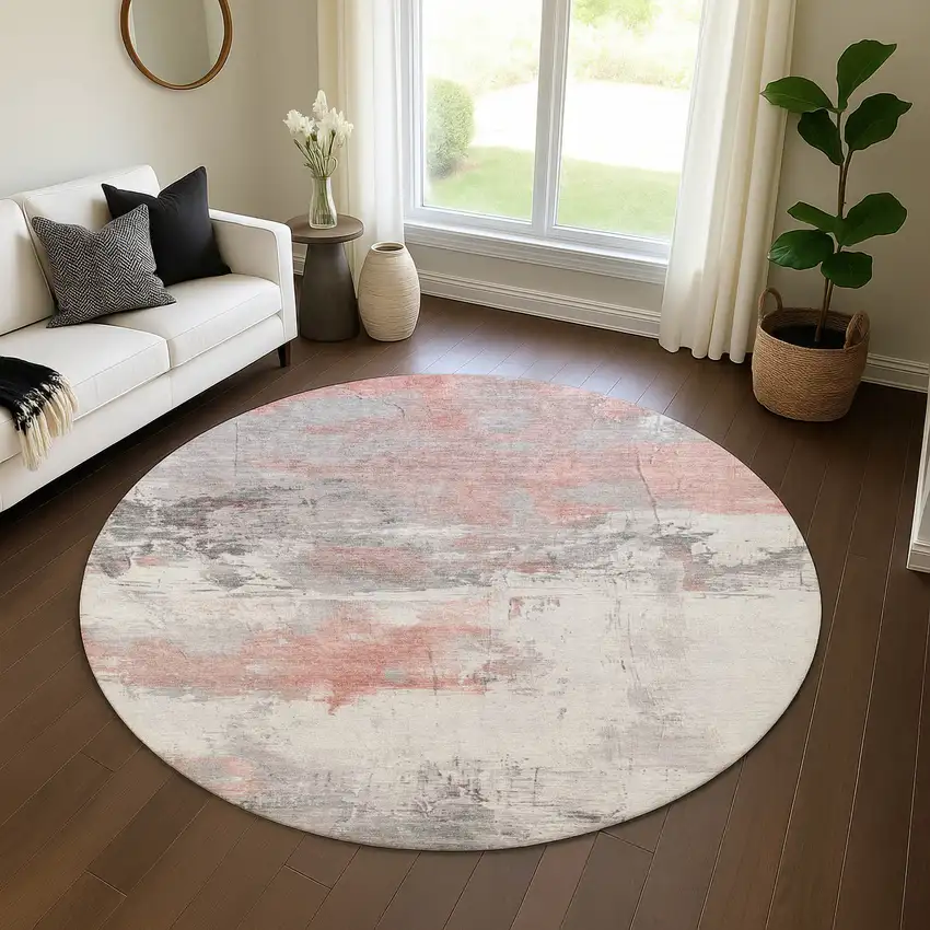 8' Coral Gray And Ivory Abstract Washable Round Rug With UV Protection Photo 4
