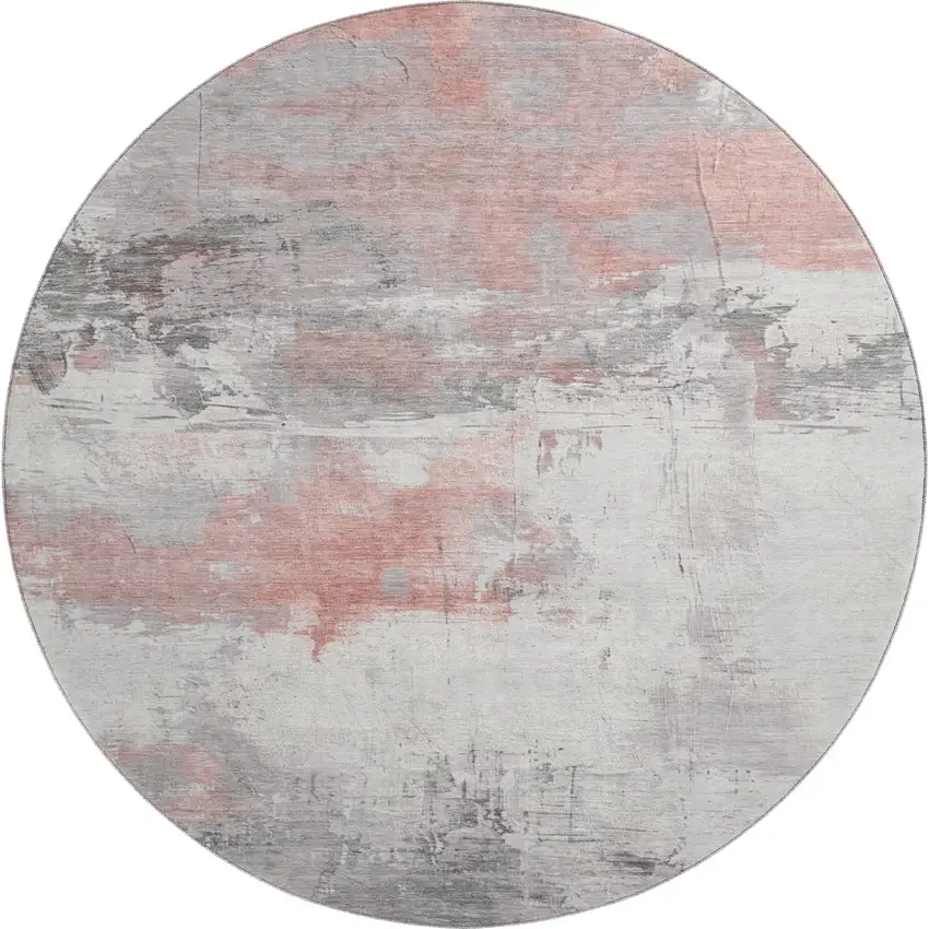 8' Coral Gray And Ivory Abstract Washable Round Rug With UV Protection Photo 1