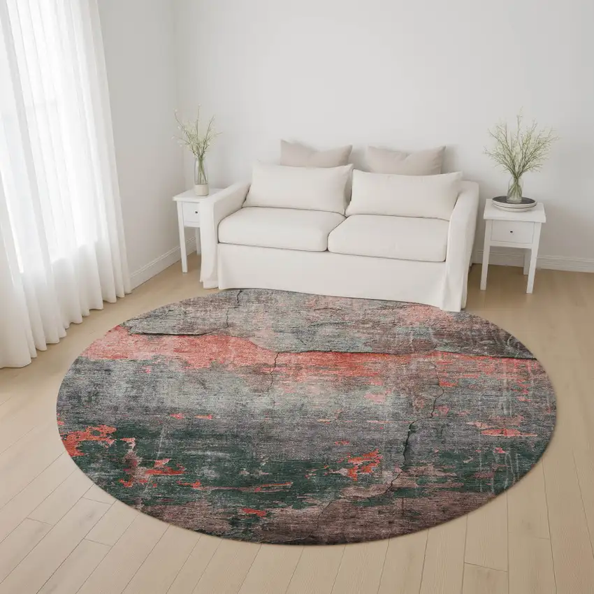 8' Coral Gray And Silver Abstract Washable Round Rug With UV Protection Photo 4