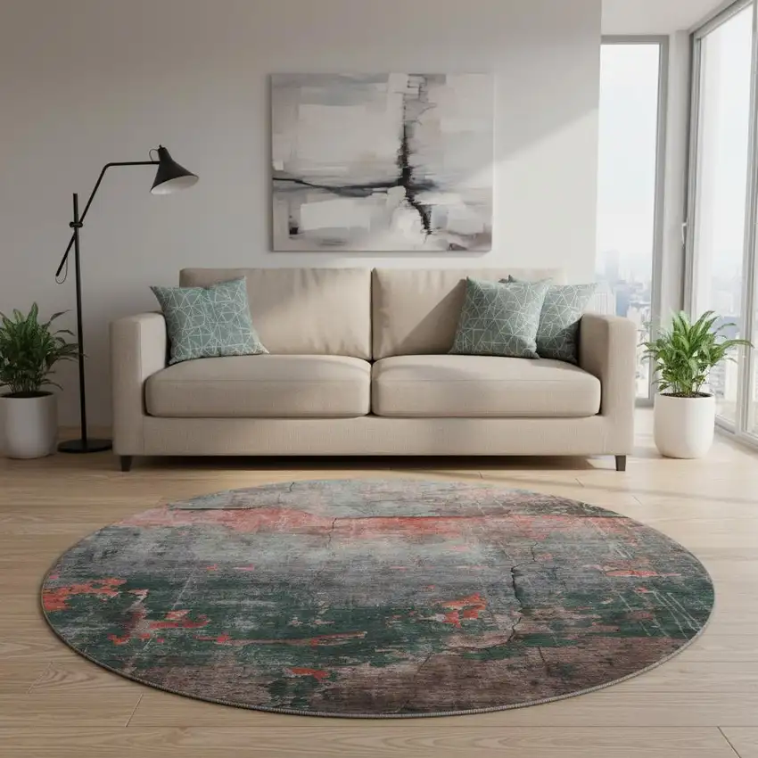 8' Coral Gray And Silver Abstract Washable Round Rug With UV Protection Photo 2