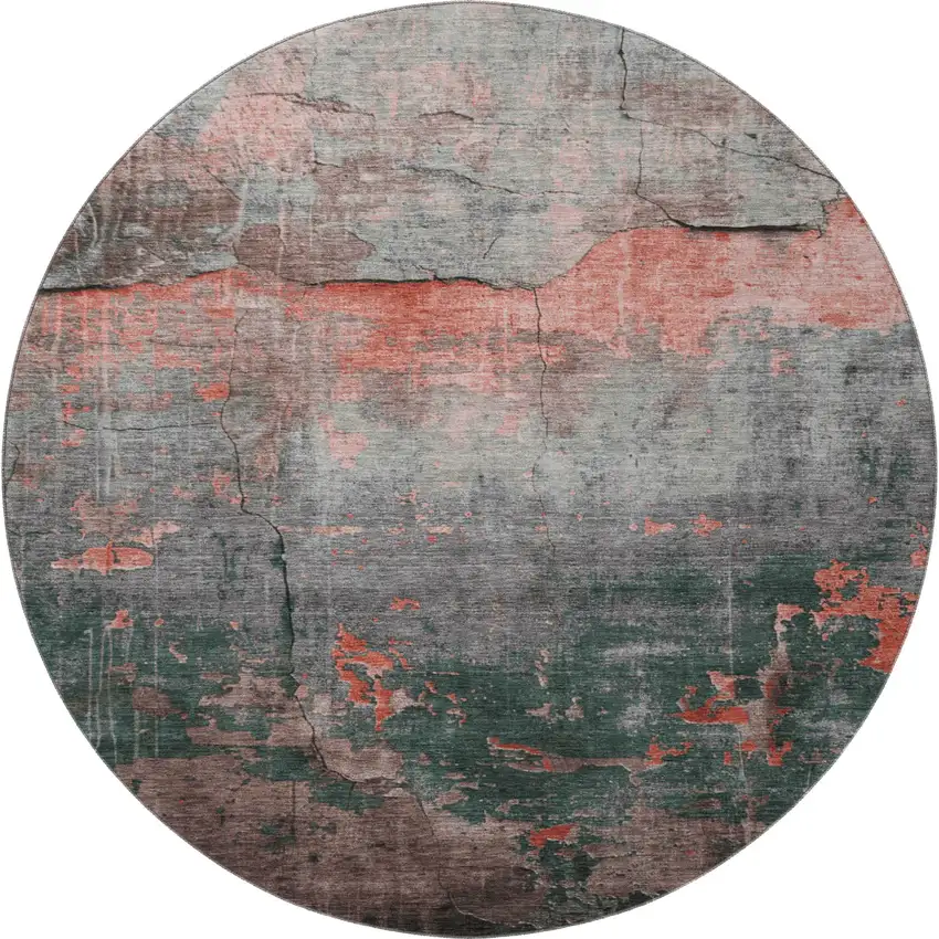 8' Coral Gray And Silver Abstract Washable Round Rug With UV Protection Photo 3