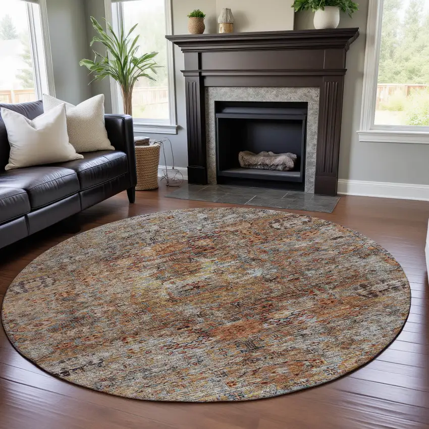 8' Coral Gray And Silver Floral Medallion Washable Round Rug With UV Protection Photo 4