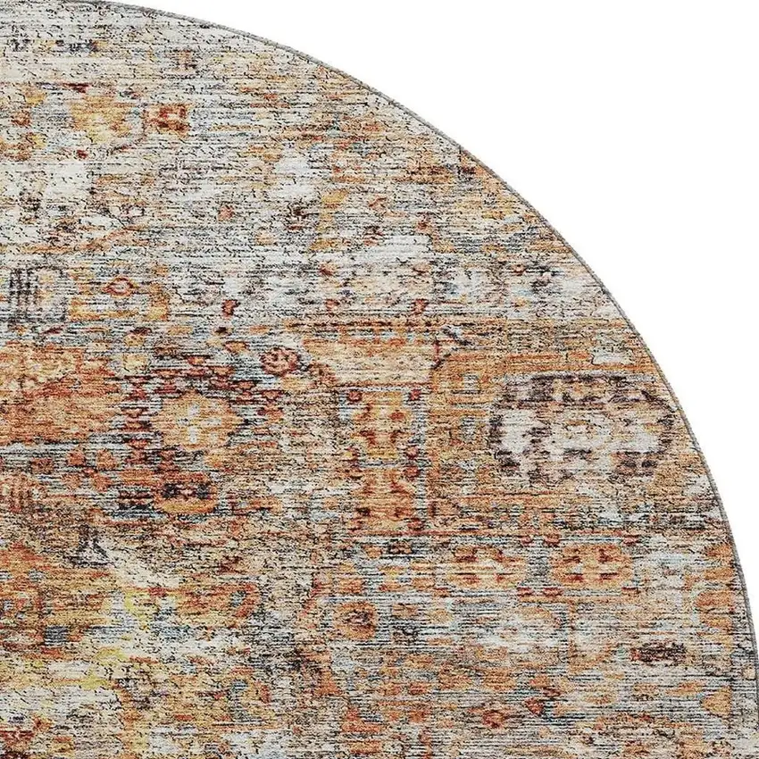 8' Coral Gray And Silver Floral Medallion Washable Round Rug With UV Protection Photo 3