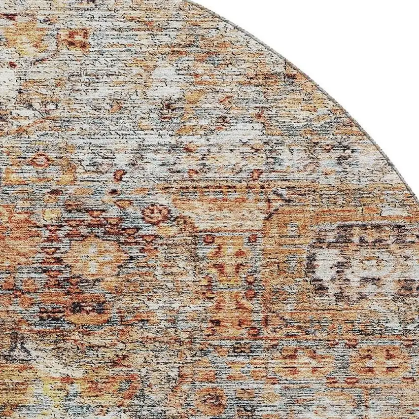 8' Coral Gray And Silver Floral Medallion Washable Round Rug With UV Protection Photo 2