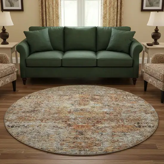 8' Coral Gray And Silver Floral Medallion Washable Round Rug With UV Protection Photo 2