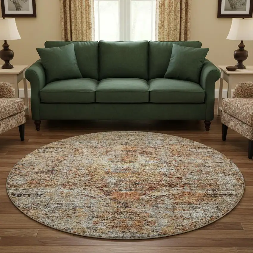 8' Coral Gray And Silver Floral Medallion Washable Round Rug With UV Protection Photo 2