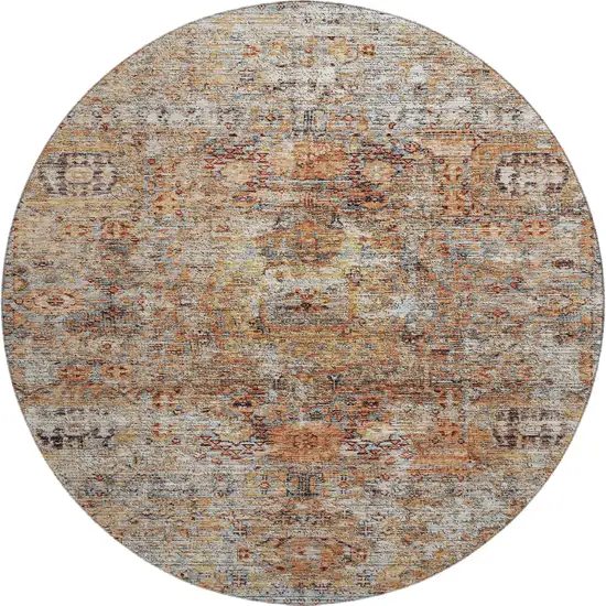 8' Coral Gray And Silver Floral Medallion Washable Round Rug With UV Protection Photo 1