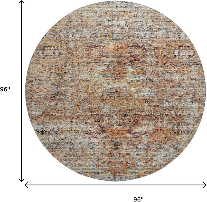 8' Coral Gray And Silver Floral Medallion Washable Round Rug With UV Protection Photo 9