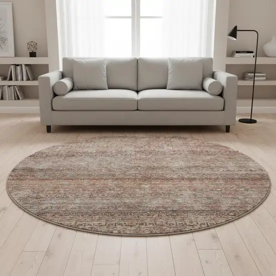 8' Coral Gray And Silver Striped Washable Round Rug With UV Protection Photo 1