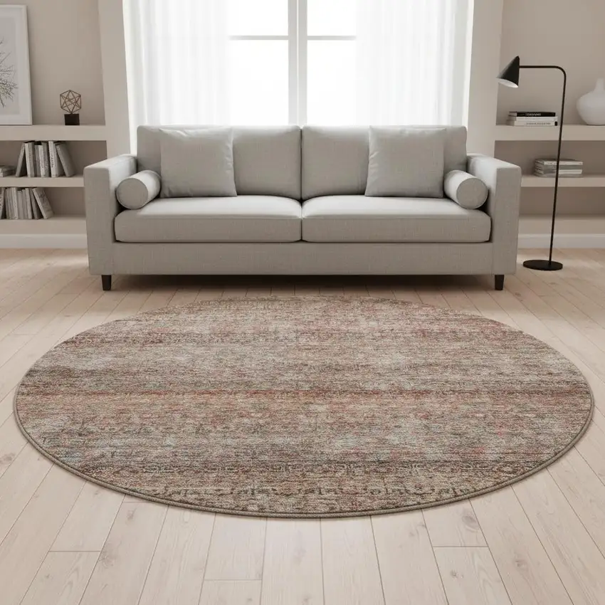 8' Coral Gray And Silver Striped Washable Round Rug With UV Protection Photo 1