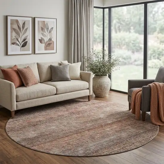 8' Coral Gray And Silver Striped Washable Round Rug With UV Protection Photo 1
