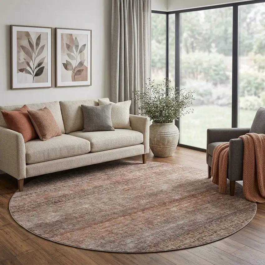 8' Coral Gray And Silver Striped Washable Round Rug With UV Protection Photo 1