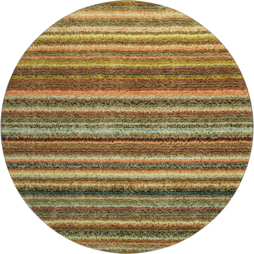 8' Coral Green And Blue Striped Washable Round Rug With UV Protection Photo 1