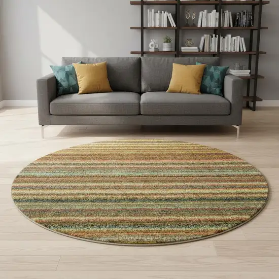 8' Coral Green And Blue Striped Washable Round Rug With UV Protection Photo 2