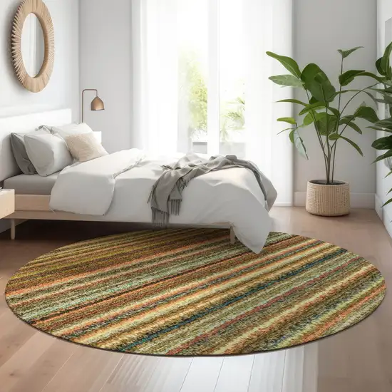 8' Coral Green And Blue Striped Washable Round Rug With UV Protection Photo 4