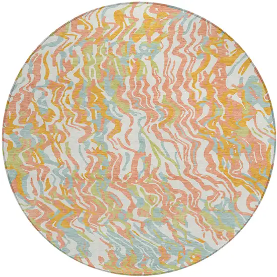 8' Coral Green And Copper Round Abstract Washable Indoor Outdoor Area Rug Photo 2