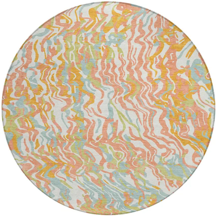 8' Coral Green And Copper Round Abstract Washable Indoor Outdoor Area Rug Photo 2