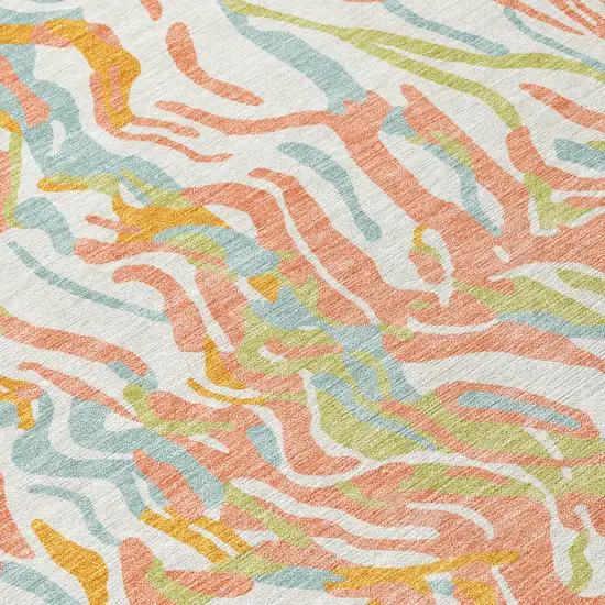 8' Coral Green And Copper Round Abstract Washable Indoor Outdoor Area Rug Photo 4
