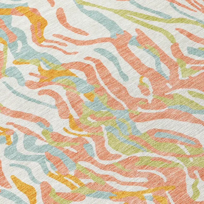 8' Coral Green And Copper Round Abstract Washable Indoor Outdoor Area Rug Photo 4