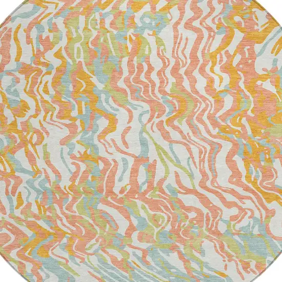 8' Coral Green And Copper Round Abstract Washable Indoor Outdoor Area Rug Photo 5