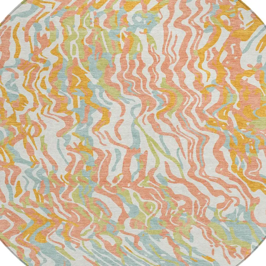 8' Coral Green And Copper Round Abstract Washable Indoor Outdoor Area Rug Photo 5