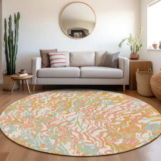 8' Coral Green And Copper Round Abstract Washable Indoor Outdoor Area Rug Photo 8