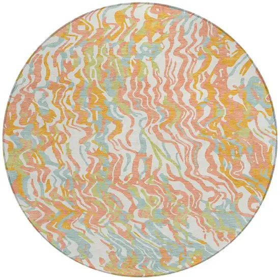 8' Coral Green And Copper Round Abstract Washable Indoor Outdoor Area Rug Photo 6