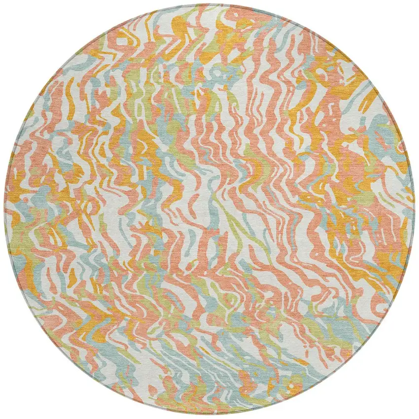 8' Coral Green And Copper Round Abstract Washable Indoor Outdoor Area Rug Photo 6