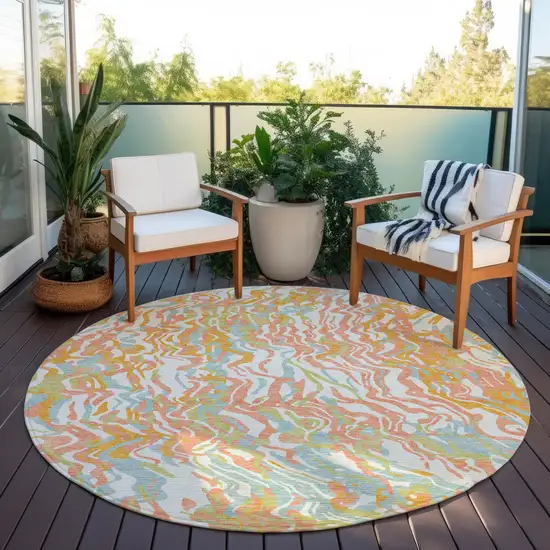 8' Coral Green And Copper Round Abstract Washable Indoor Outdoor Area Rug Photo 7