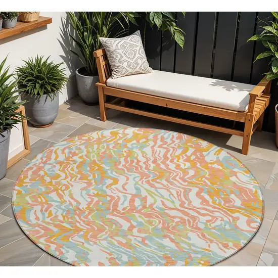 8' Coral Green And Copper Round Abstract Washable Indoor Outdoor Area Rug Photo 1