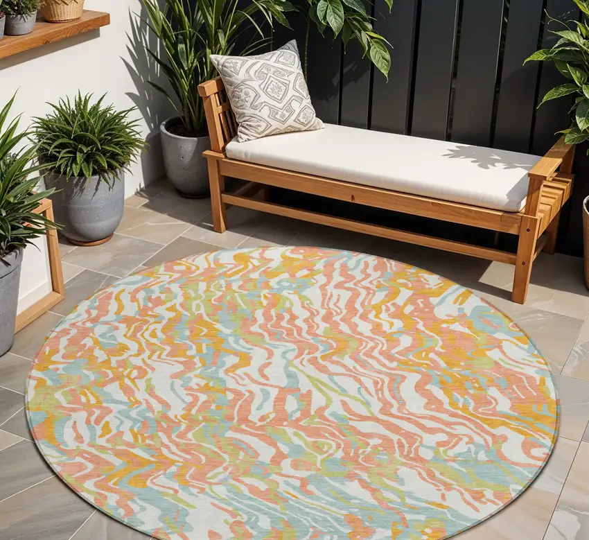 8' Coral Green And Copper Round Abstract Washable Indoor Outdoor Area Rug Photo 1