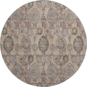 Photo of 8' Coral Green And Gray Damask Washable Round Rug With UV Protection