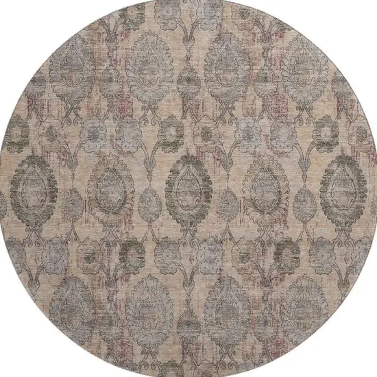 8' Coral Green And Gray Damask Washable Round Rug With UV Protection Photo 4