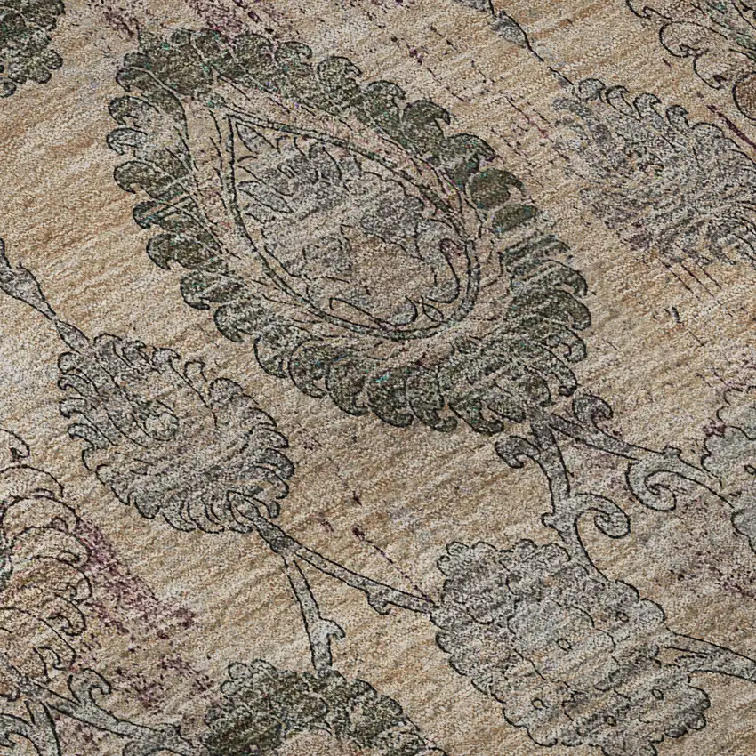 8' Coral Green And Gray Damask Washable Round Rug With UV Protection Photo 9