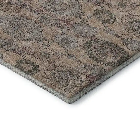 8' Coral Green And Gray Damask Washable Round Rug With UV Protection Photo 7