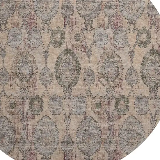 8' Coral Green And Gray Damask Washable Round Rug With UV Protection Photo 3